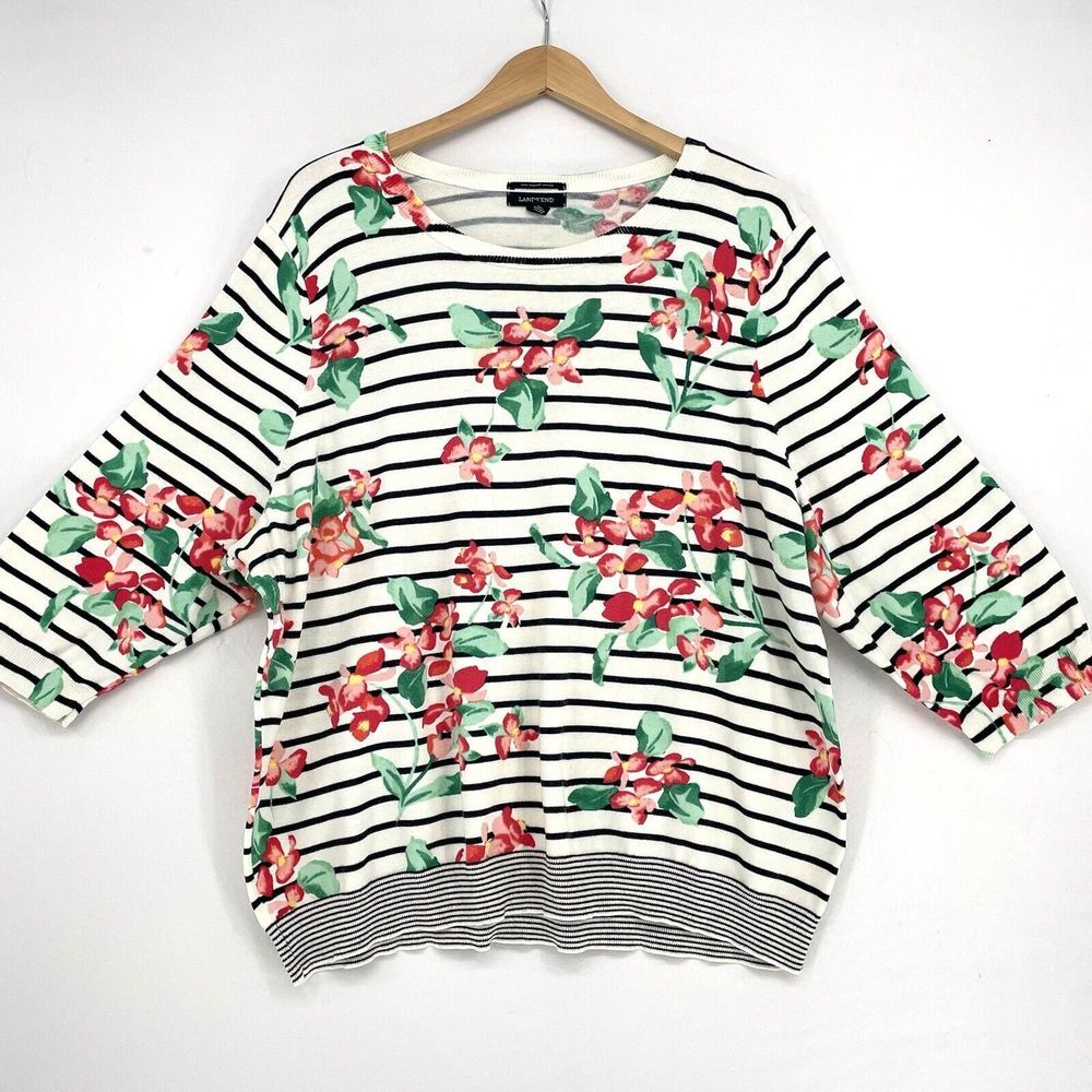 Lands End Sweater Pullover Women Size 2X Lightweight Supima Cotton Floral Stripe